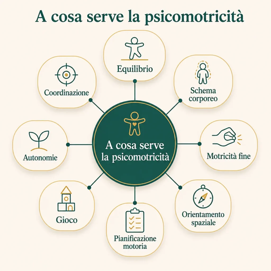 Mappa concettuale sulle competenze sostenute dalla psicomotricità infantile, tra cui coordinazione, equilibrio, motricità fine e autonomie