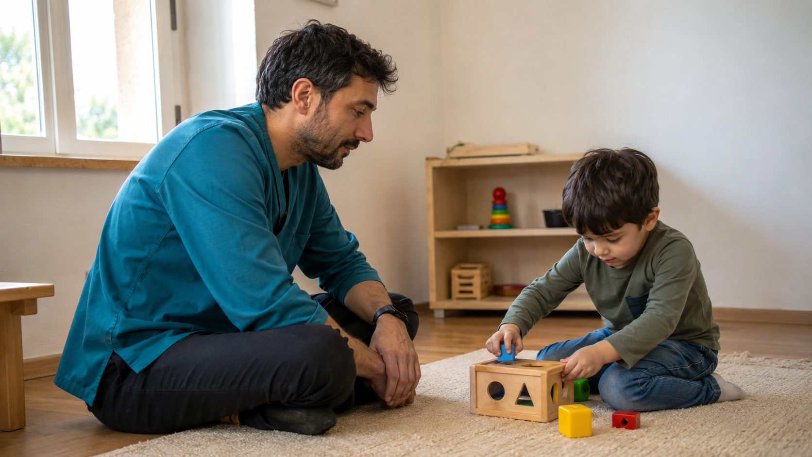 ABA e apprendimento attraverso il gioco Tecnico ABA osserva un bambino impegnato in un gioco educativo con incastri