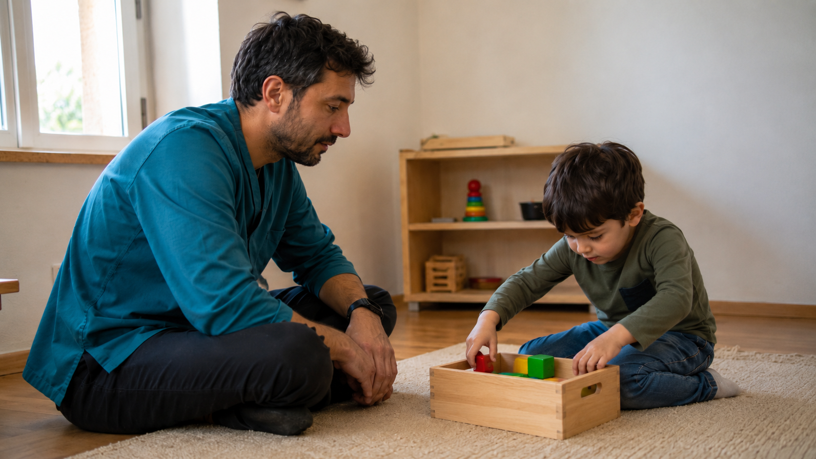ABA e sviluppo delle autonomie quotidiane Bambino riordina alcuni giochi con il supporto discreto del tecnico ABA