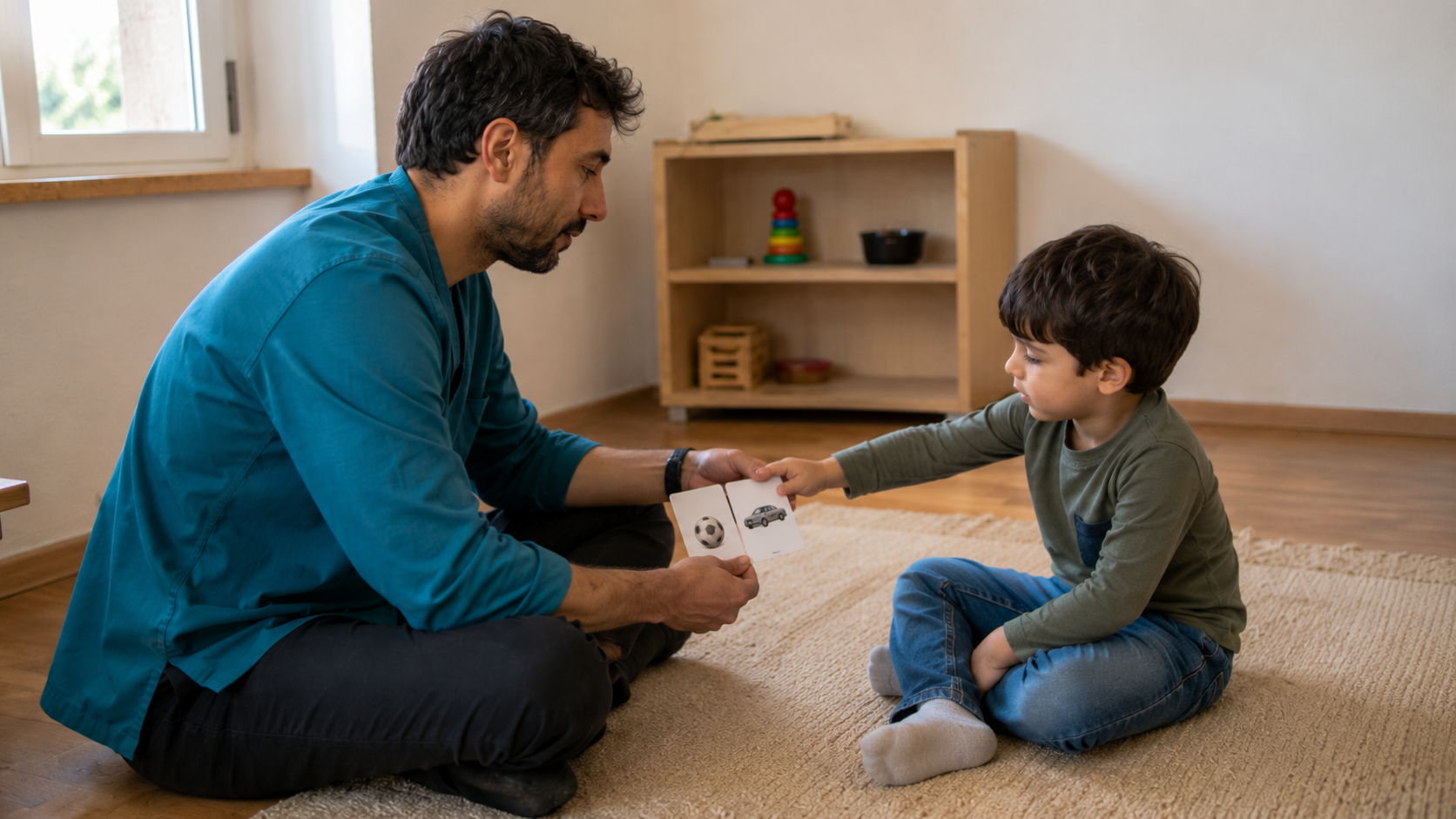 ABA, comunicazione e capacità di scelta Bambino sceglie tra due immagini durante un’attività di comunicazione con il tecnico ABA