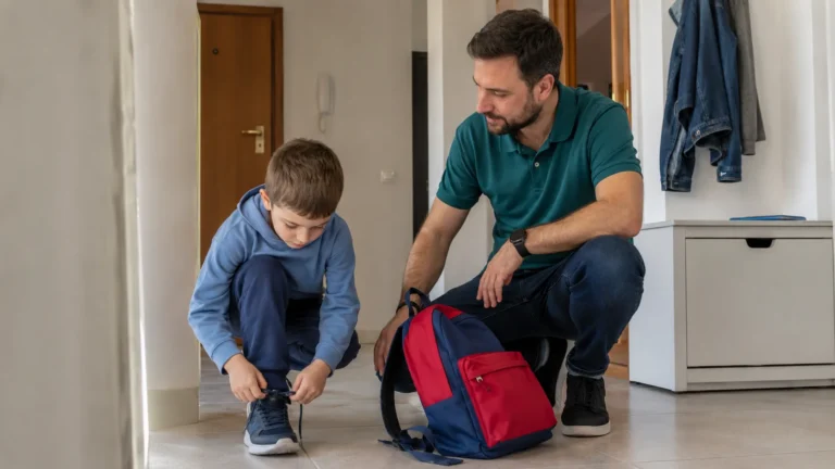 Bambino impara ad allacciare le scarpe con il supporto di un tecnico ABA