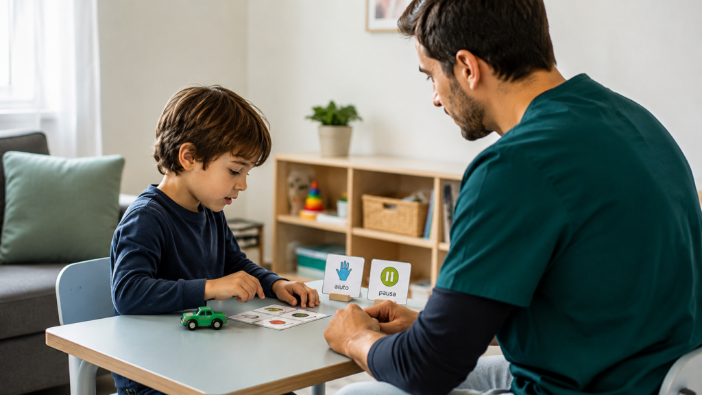 Tecnico ABA aiuta un bambino a comunicare una richiesta durante un’attività a casa
