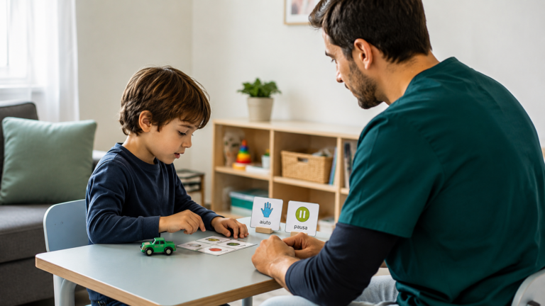 Tecnico ABA aiuta un bambino a comunicare una richiesta durante un’attività a casa