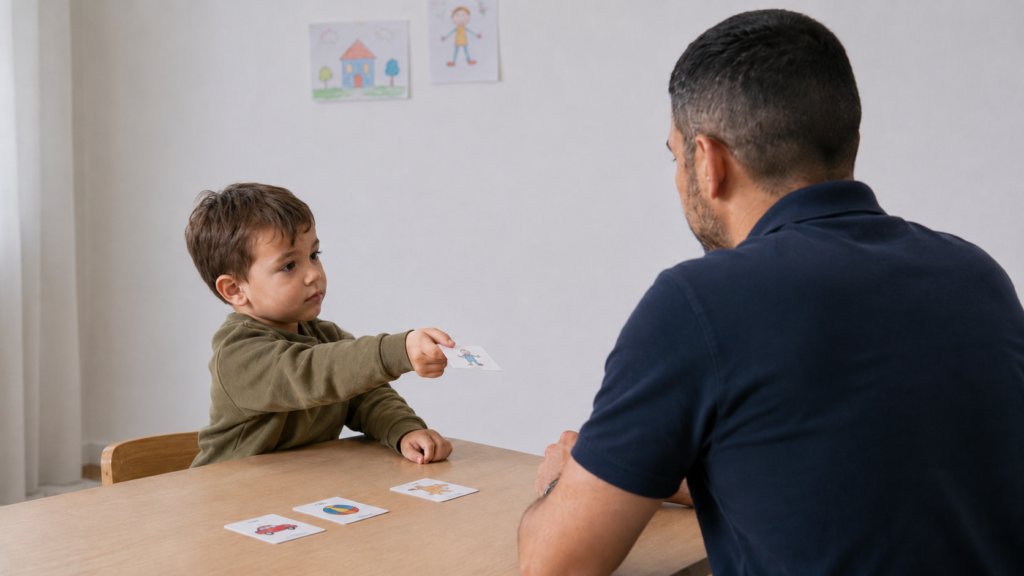 Bambino che consegna un’immagine a un operatore per esprimere una richiesta comunicativa