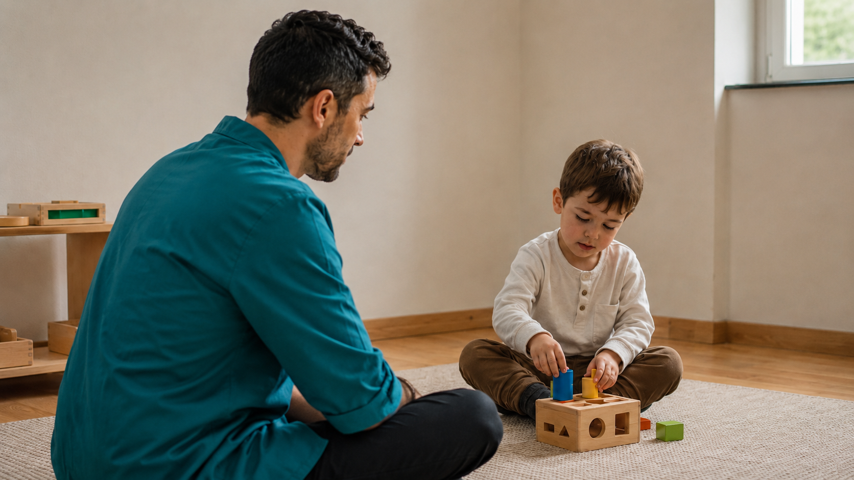Cos’è l’ABA: tecnico ABA accompagna un bambino in un’attività educativa attraverso il gioco