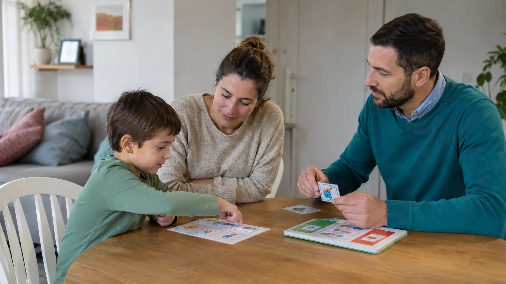 Tecnico ABA affianca una madre e un bambino durante un’attività di comunicazione a casa