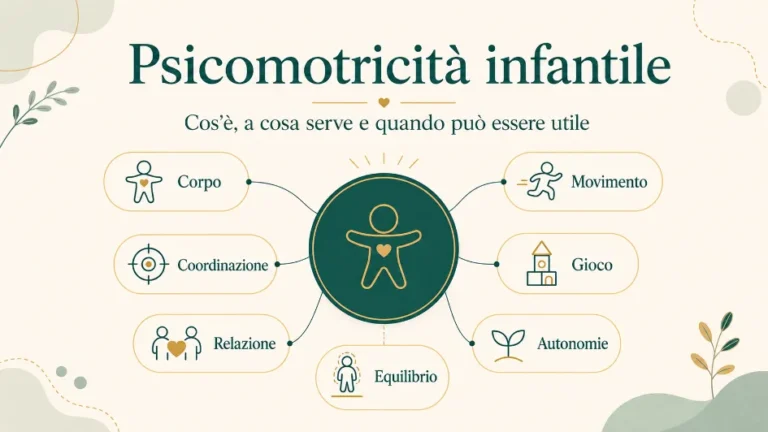 nfografica sulla psicomotricità infantile con corpo, movimento, coordinazione, equilibrio, gioco, relazione e autonomie
