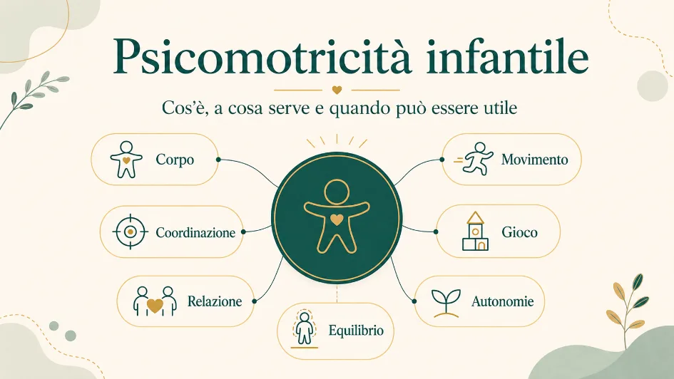 nfografica sulla psicomotricità infantile con corpo, movimento, coordinazione, equilibrio, gioco, relazione e autonomie