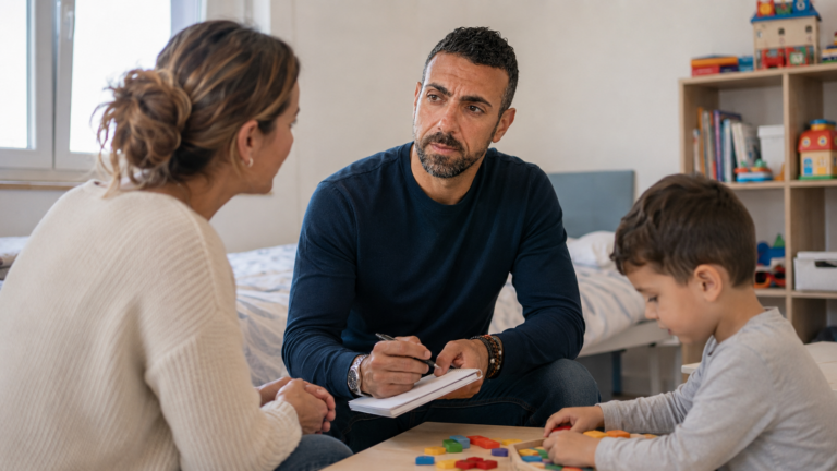 Tecnico ABA durante un primo colloquio con una madre mentre il bambino gioca nella propria cameretta
