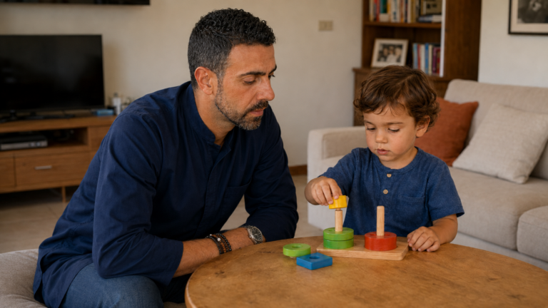 Professionista osserva un bambino durante un’attività di gioco in ambiente domestico