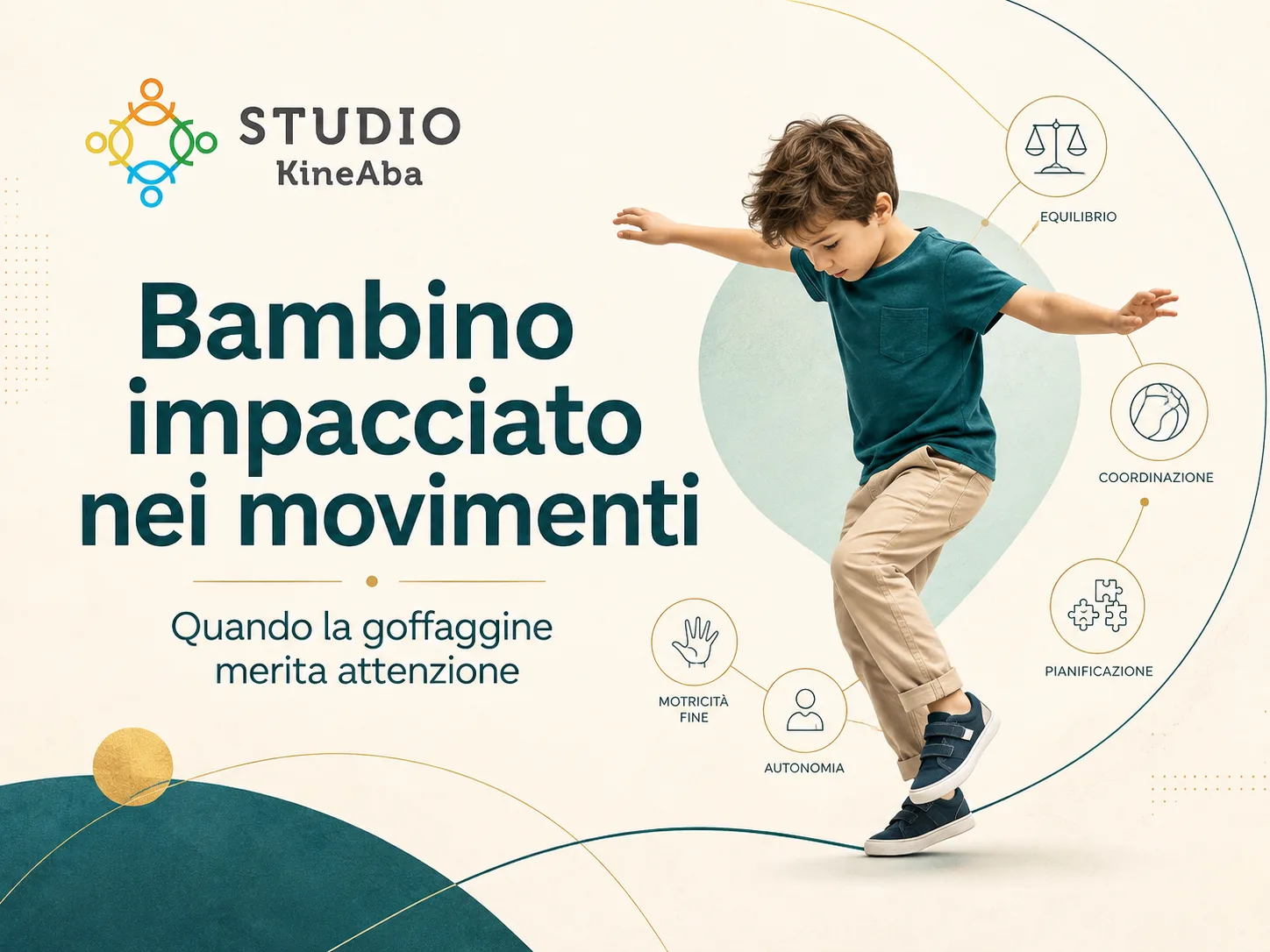 Bambino impacciato nei movimenti durante un’attività di equilibrio, con richiami a coordinazione, autonomia e pianificazione motoria
