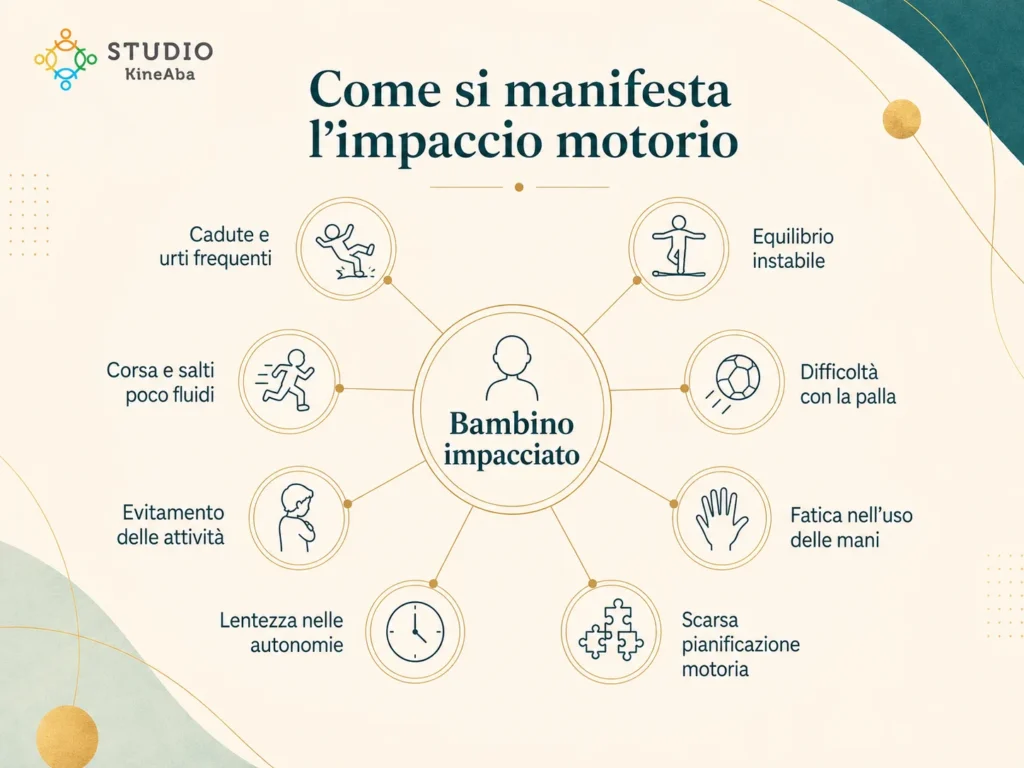 Mappa concettuale sulle manifestazioni dell’impaccio motorio nel bambino, tra cui cadute, equilibrio instabile, difficoltà con la palla, autonomie e pianificazione motoria