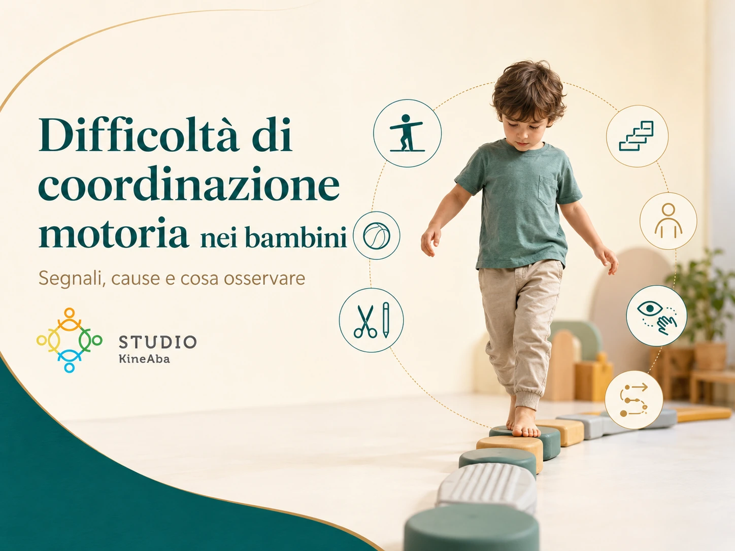 Bambino impegnato in un percorso di equilibrio per rappresentare le difficoltà di coordinazione motoria nei bambini