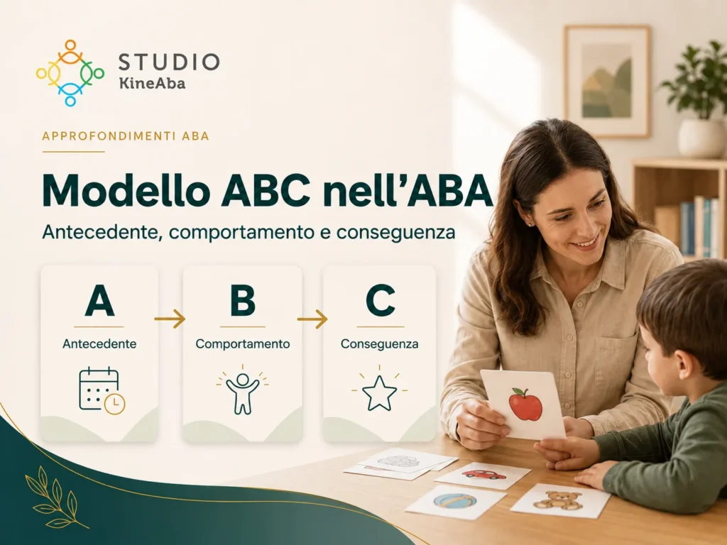 Modello ABC nell’ABA con antecedente, comportamento e conseguenza durante un’attività con un bambino